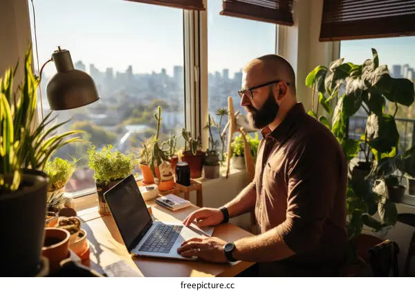 Man working from home surrounded by plants