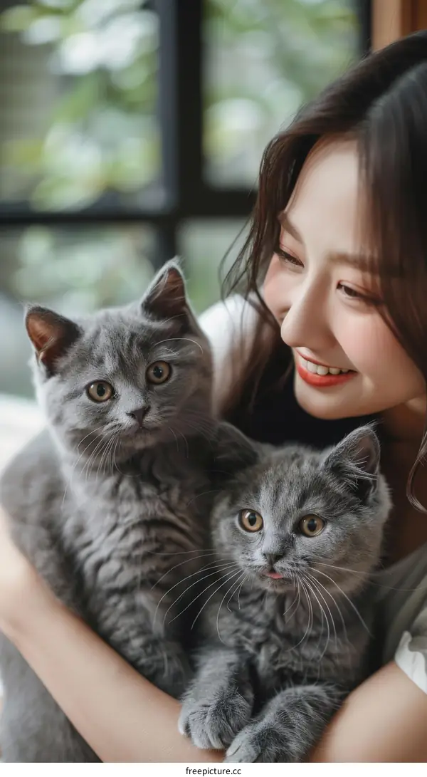 A young woman is holding two gray kittens in her arms. The woman is smiling at the kittens.