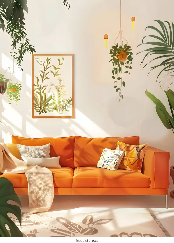 Orange Sofa in Modern Living Room With Plants and Hanging Lights