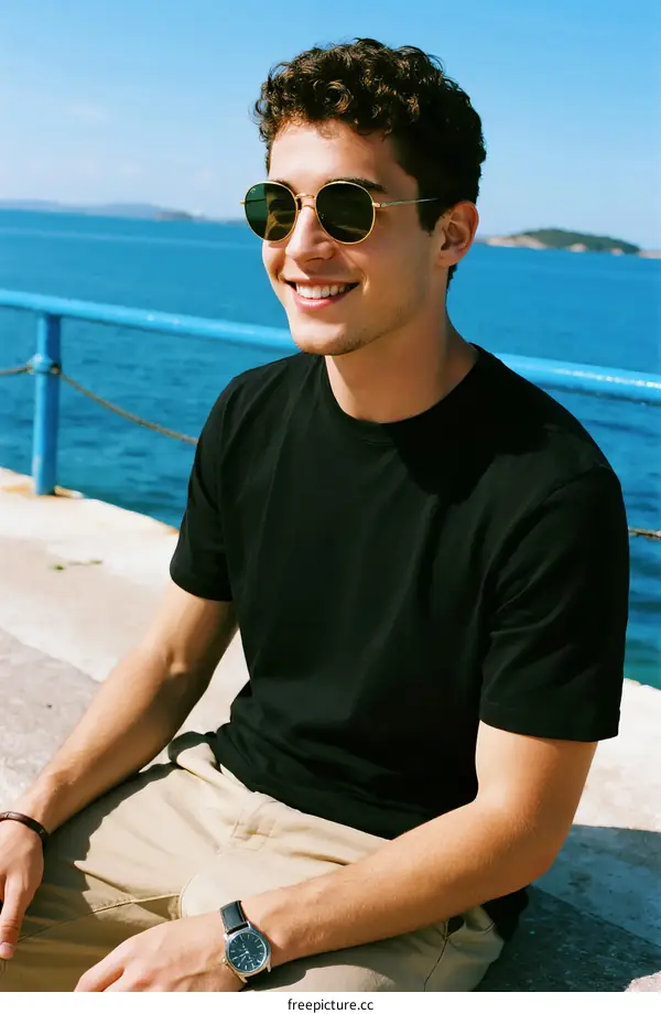 A man wearing sunglasses sitting by the seaside