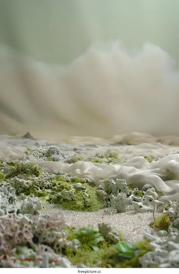 Abstract Art Landscape With Green Moss And White Fabric