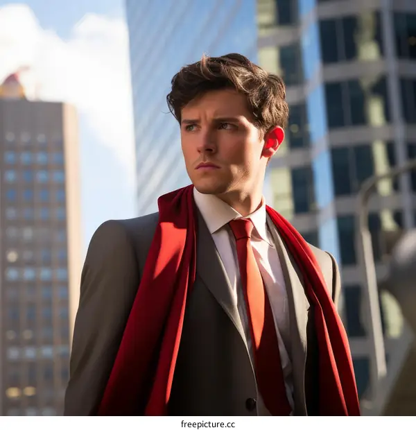A young man in a suit and red scarf stands in front of a city backdrop