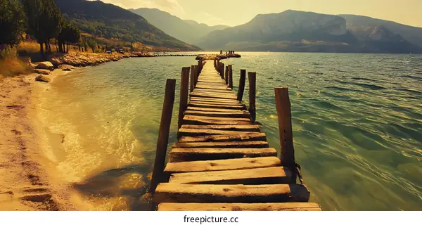 Wooden Pier Leading to Mountain Lake in Sunny Day