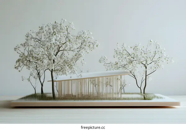 Minimalist Architectural Model with Cherry Blossom Trees
