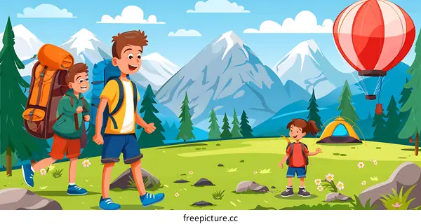 Happy Family Hiking Adventure In Mountain