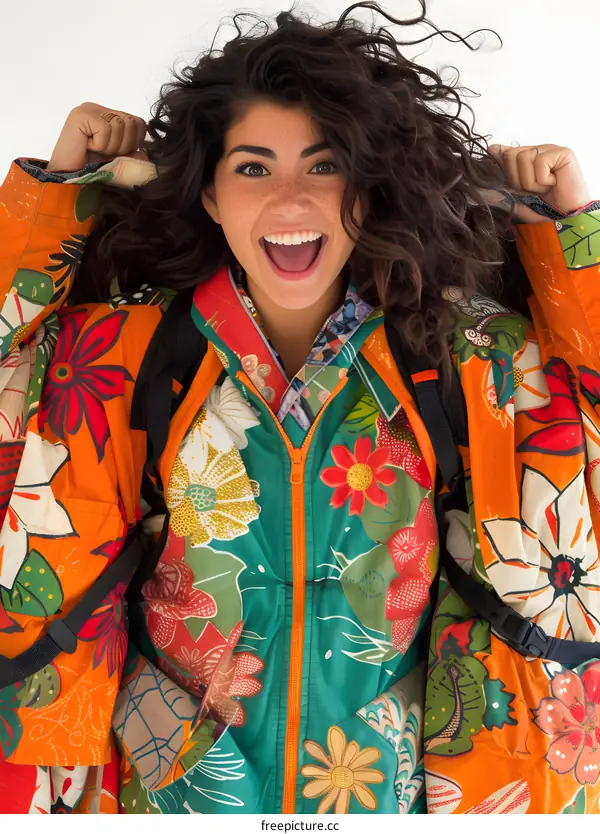 Portrait of a young woman with curly hair and freckles, wearing a colorful floral jacket
