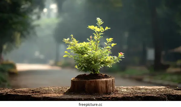 Small Plant Growing on a Tree Stump in a Park