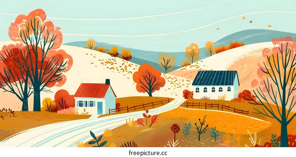 Autumn Landscape with Houses and Trees