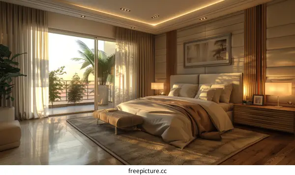 A bedroom with a large bed, a balcony and a view of the city