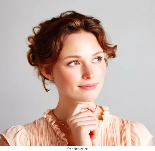 Thoughtful Woman in Light Peach Dress