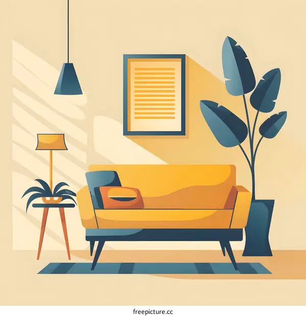 Minimalist Living Room Illustration with Sofa, Plants, and Lamps