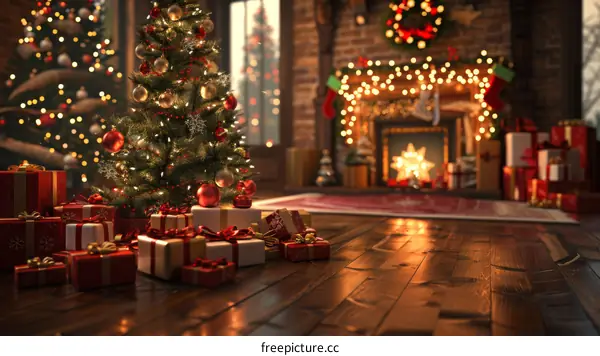 Christmas Tree by Fireplace in Festive Decorated Home