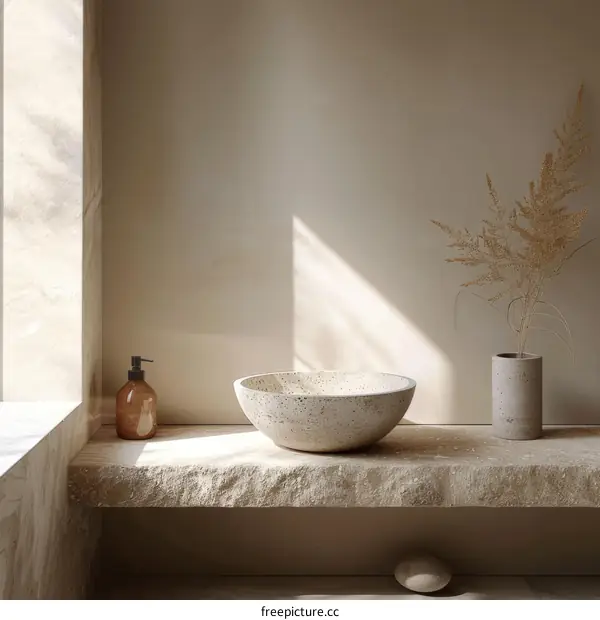 Minimalist Beige Bathroom with Stone Vessel Sink and Decoration