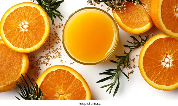 Freshly Squeezed Orange Juice and Slices with Herbs