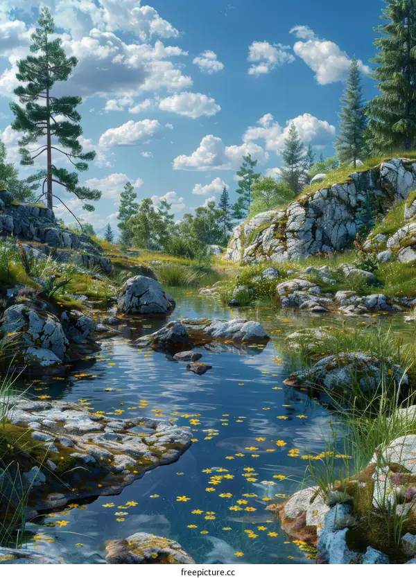 Mountain Valley with River and Rocks