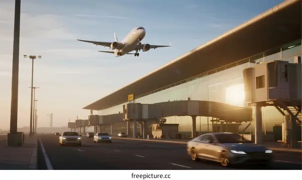 Airplane Taking Off from Modern Airport Terminal at Sunset