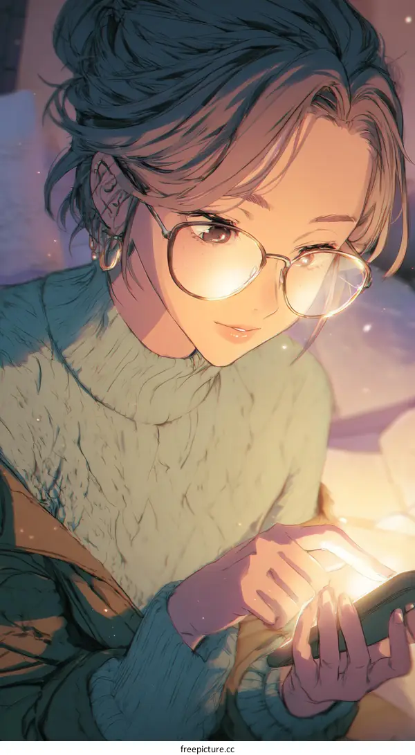 A Girl with Glasses Using Smartphone in Illustration