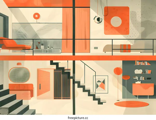 Modern Mid Century Home Interior Design Illustration