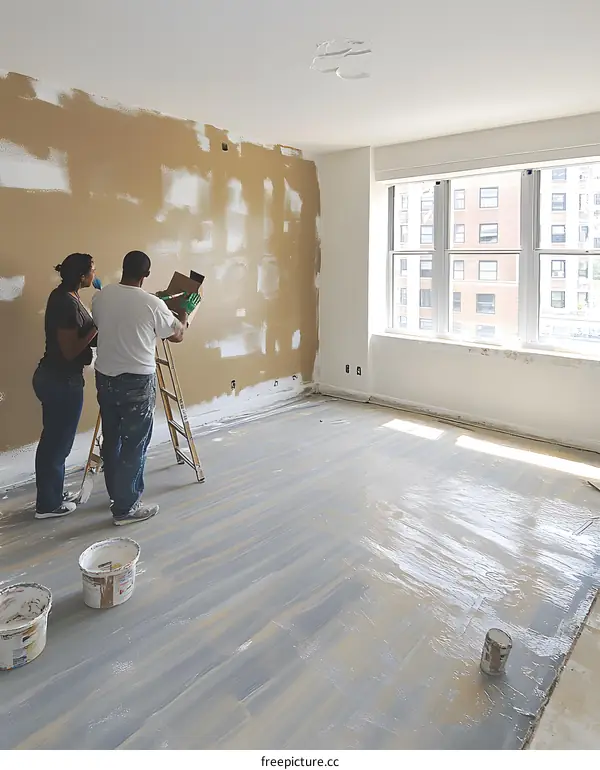 Couple Painting Wall And Floor Of New Apartment