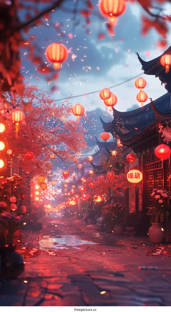 A street in a Chinese town during a festival with red lanterns and cherry blossoms