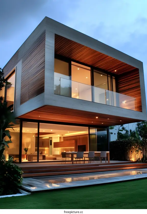 Modern Architecture House with Wooden Deck and Swimming Pool