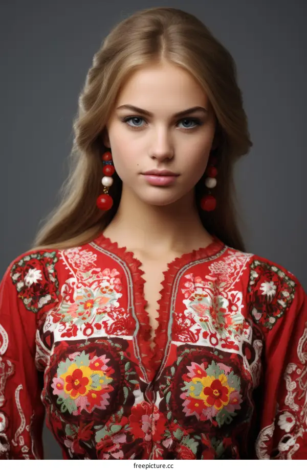 portrait of a beautiful blonde woman in a red dress