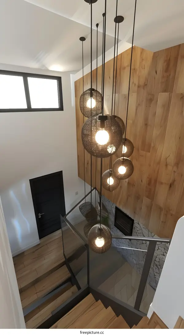 Modern Home Interior Design With Wood Panel Wall And Glass Railing Staircase