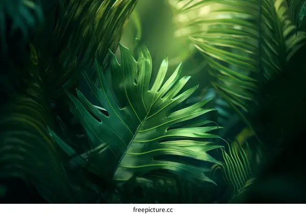 Close-up of lush green tropical leaves in a jungle