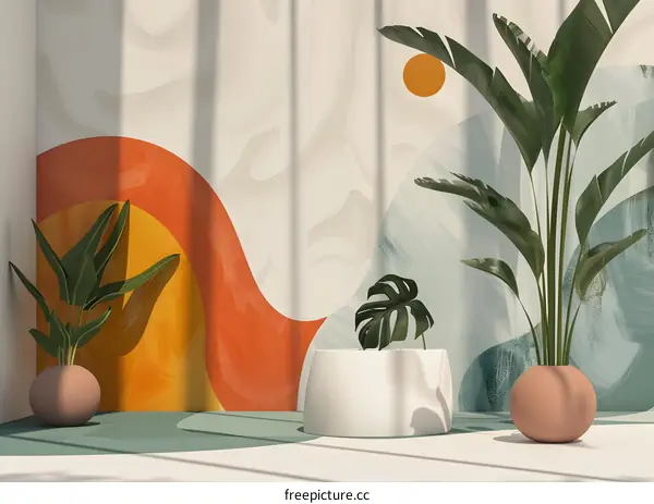 Abstract Minimalist Illustration with Tropical Plants and Geometric Shapes