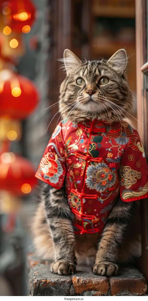 A cat wearing a red and gold Chinese traditional jacket