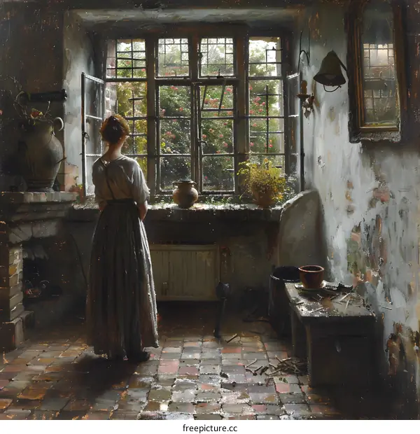 Woman Looking Out Window in a Rustic Kitchen