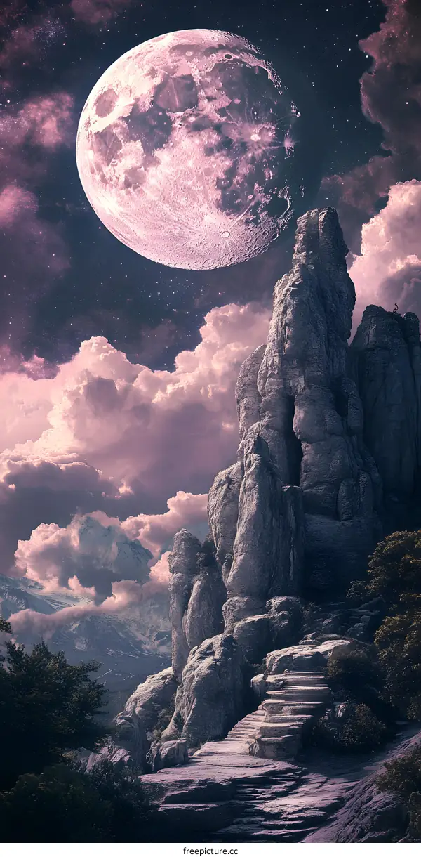 Fantasy Landscape With Moon and Mountains