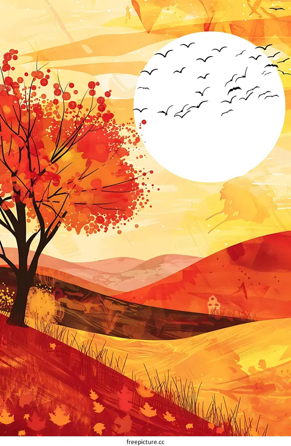 Autumn Landscape with a Large Moon and Birds