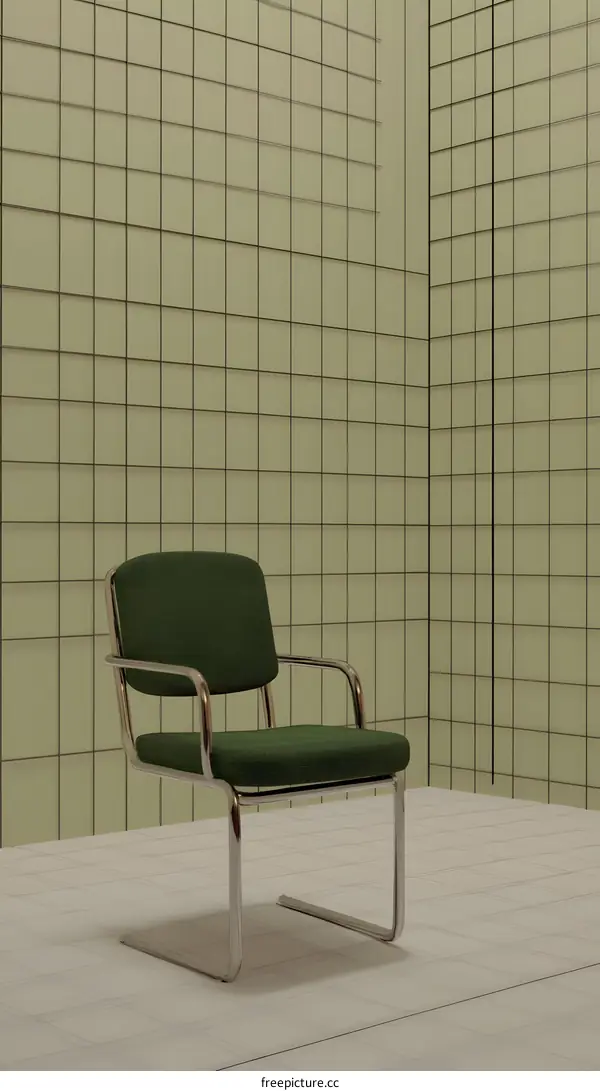 Green Chair in a Minimalist Room with Tiled Walls
