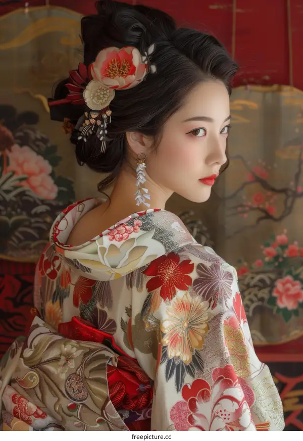 Portrait of a young Japanese woman in traditional kimono