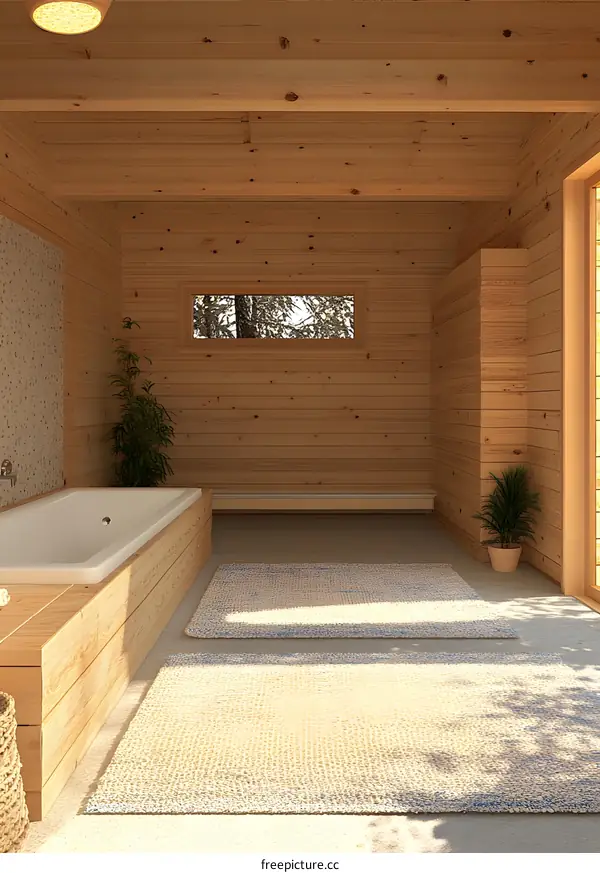 Wooden Bathroom Interior Design with Bathtub and Window