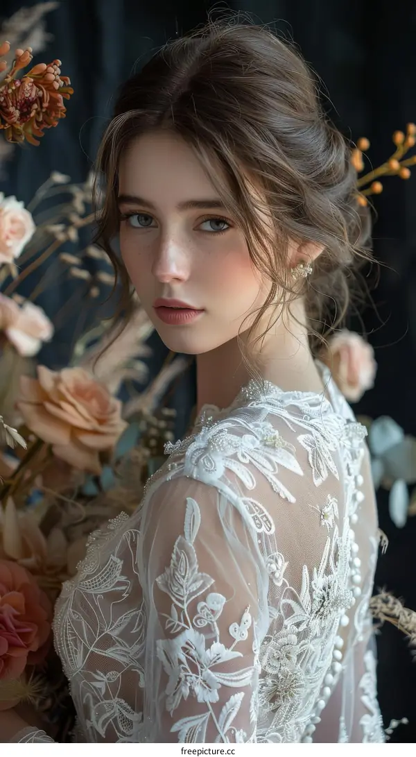 Elegant Woman in Delicate Lace Dress