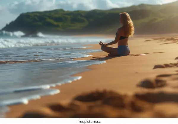 meditating woman on beach at sunset