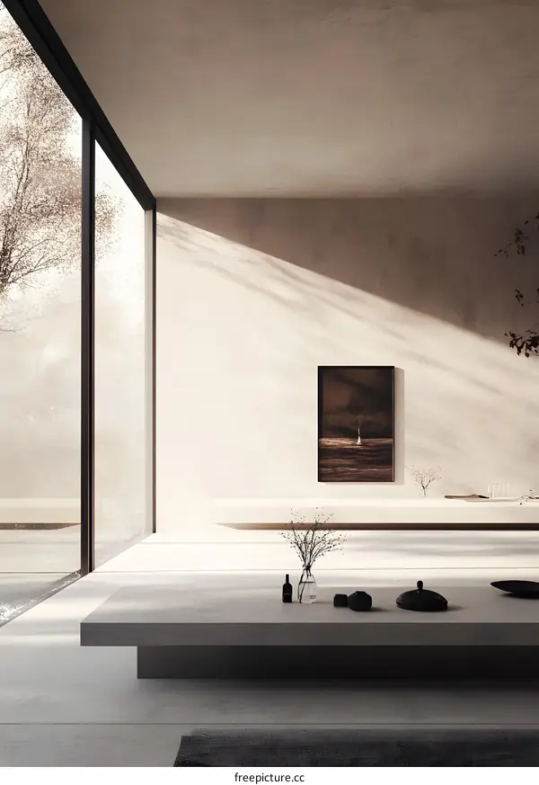 Minimalist Modern Interior Design With Large Windows and a View of the Outside