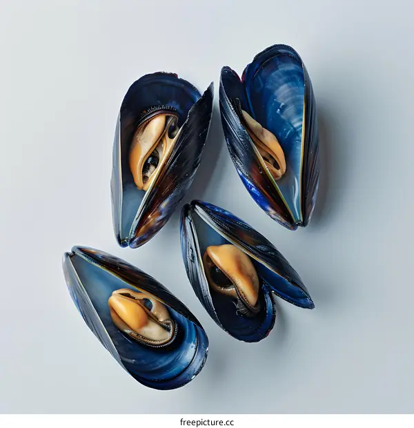 Fresh Blue Mussels on White Background