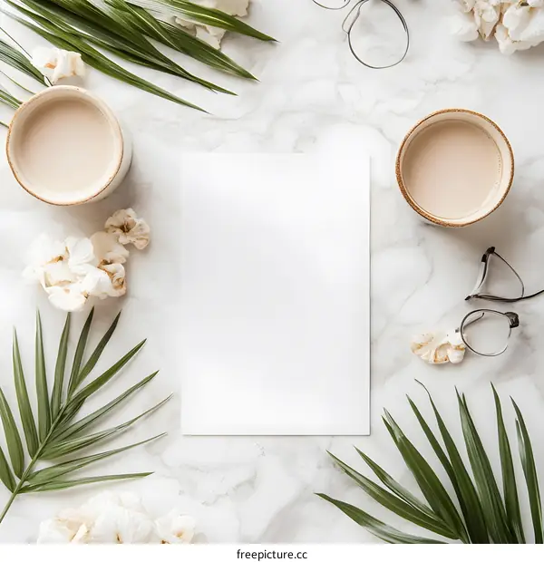 Blank Paper Mockup On Marble Surface With Coffee And Palm Leaves