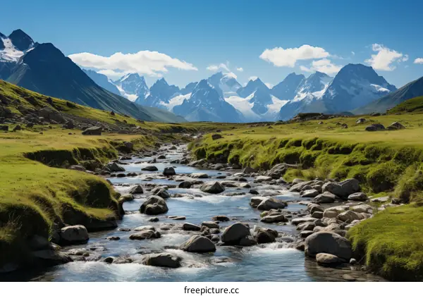 rocks in the river in the valley with snow mountains