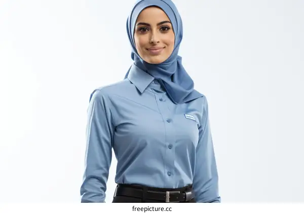 A young woman wearing a blue hijab and a blue shirt with a white collar