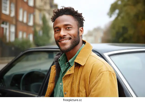 Smiling Man by Car in City Street