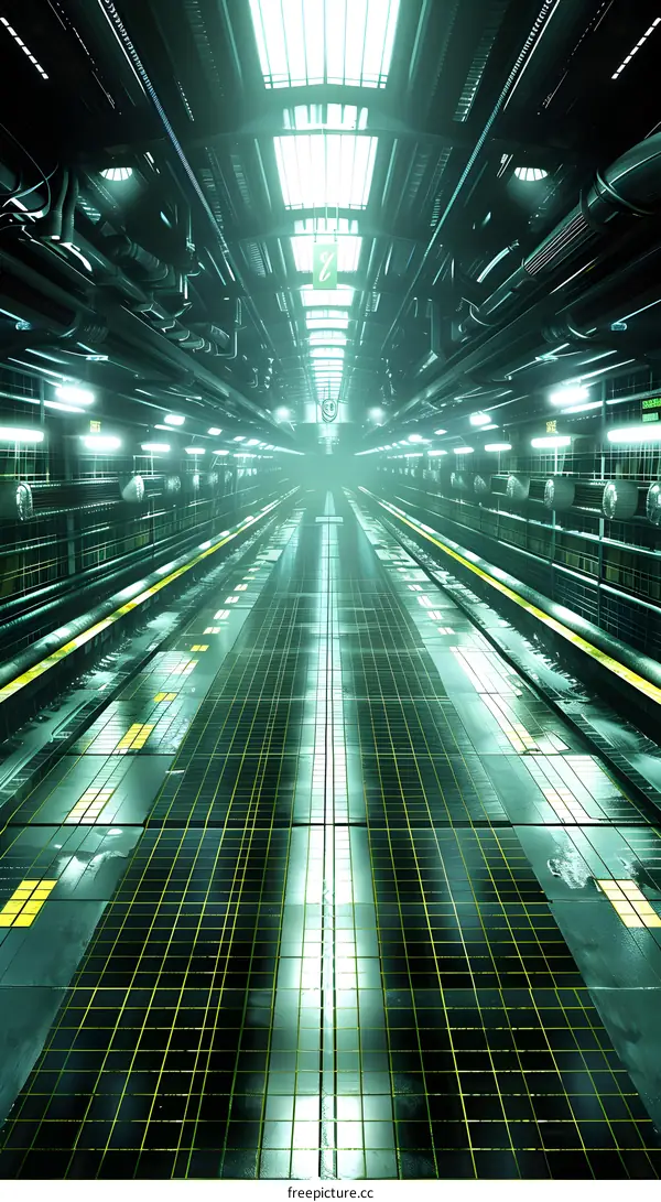 Futuristic Tunnel with Green Lights and Grid Floor