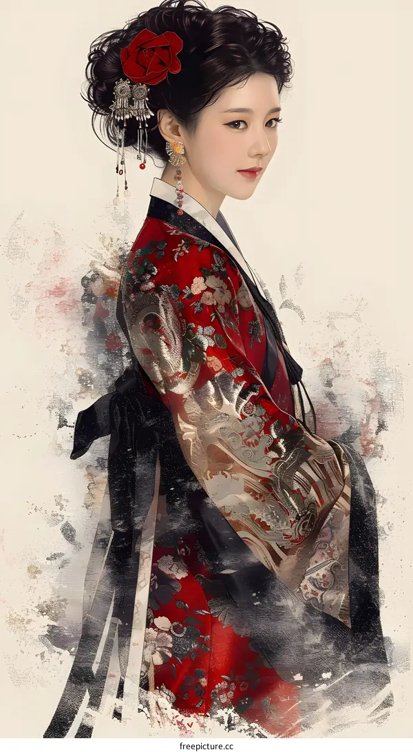 A beautiful illustration of a woman wearing a hanbok
