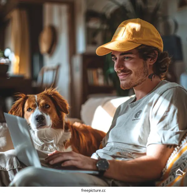 A young man and his dog are sitting on a couch and looking at a laptop.
