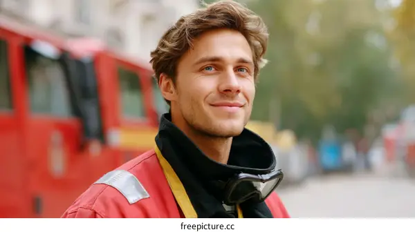 Smiling Firefighter on Duty in City Street