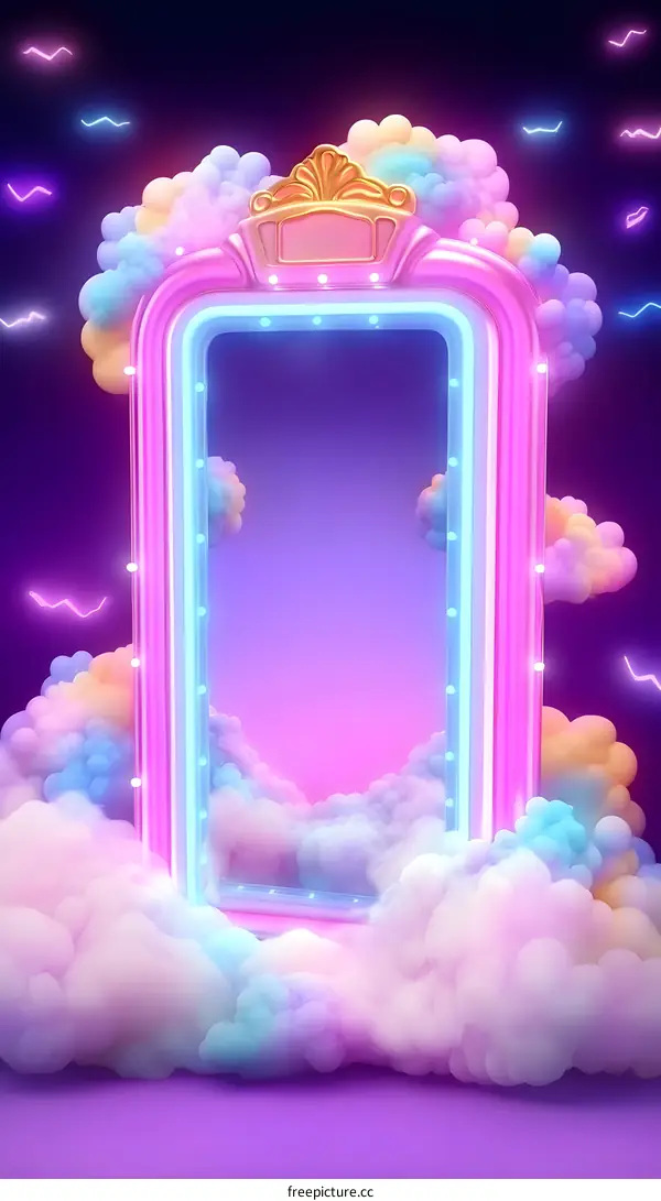 Neon Sign Frame with Clouds and Glowing Lights Background
