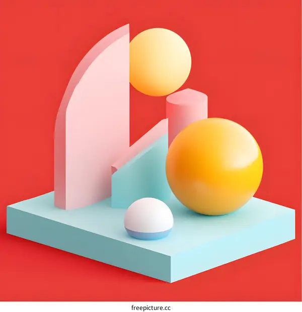 Abstract 3D Shapes and Geometric Forms in Pastel Colors on Red Background